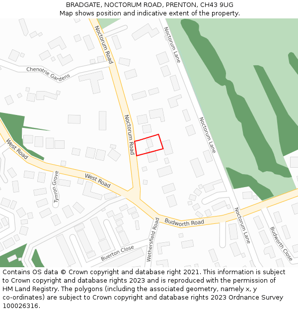 BRADGATE, NOCTORUM ROAD, PRENTON, CH43 9UG: Location map and indicative extent of plot