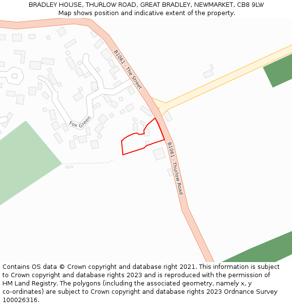 BRADLEY HOUSE, THURLOW ROAD, GREAT BRADLEY, NEWMARKET, CB8 9LW: Location map and indicative extent of plot