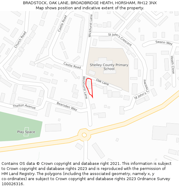 BRADSTOCK, OAK LANE, BROADBRIDGE HEATH, HORSHAM, RH12 3NX: Location map and indicative extent of plot