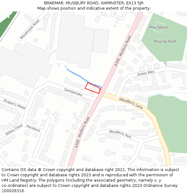 BRAEMAR, MUSBURY ROAD, AXMINSTER, EX13 5JR: Location map and indicative extent of plot
