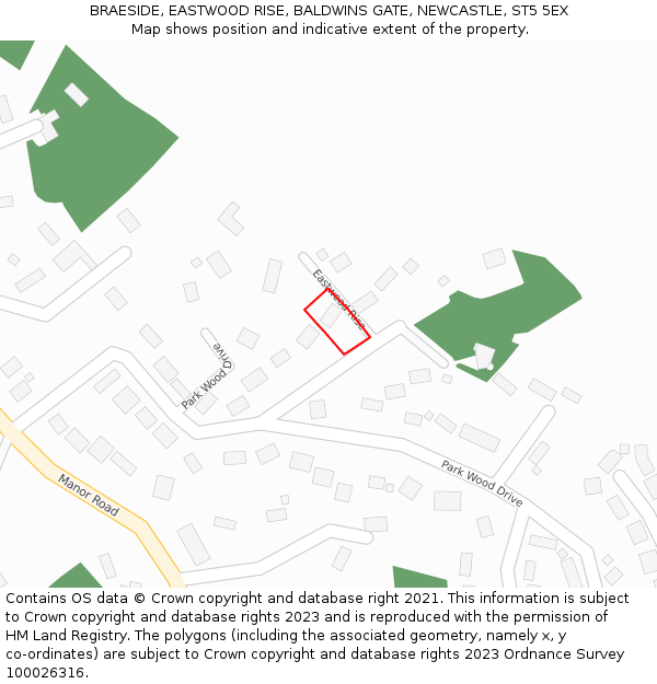 BRAESIDE, EASTWOOD RISE, BALDWINS GATE, NEWCASTLE, ST5 5EX: Location map and indicative extent of plot