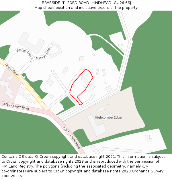 BRAESIDE, TILFORD ROAD, HINDHEAD, GU26 6SJ: Location map and indicative extent of plot