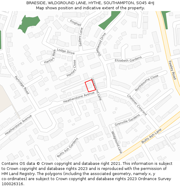 BRAESIDE, WILDGROUND LANE, HYTHE, SOUTHAMPTON, SO45 4HJ: Location map and indicative extent of plot