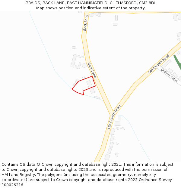 BRAIDS, BACK LANE, EAST HANNINGFIELD, CHELMSFORD, CM3 8BL: Location map and indicative extent of plot