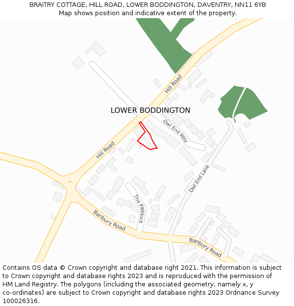 BRAITRY COTTAGE, HILL ROAD, LOWER BODDINGTON, DAVENTRY, NN11 6YB: Location map and indicative extent of plot