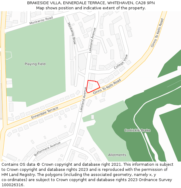BRAKESIDE VILLA, ENNERDALE TERRACE, WHITEHAVEN, CA28 9PN: Location map and indicative extent of plot