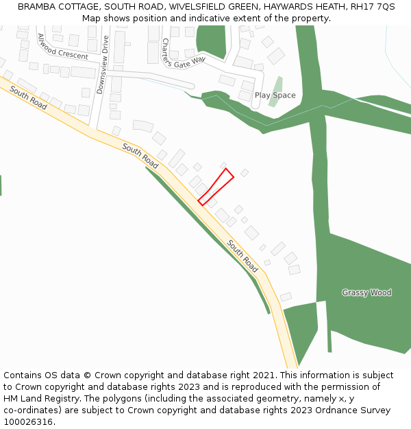 BRAMBA COTTAGE, SOUTH ROAD, WIVELSFIELD GREEN, HAYWARDS HEATH, RH17 7QS: Location map and indicative extent of plot