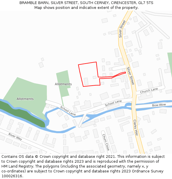 BRAMBLE BARN, SILVER STREET, SOUTH CERNEY, CIRENCESTER, GL7 5TS: Location map and indicative extent of plot