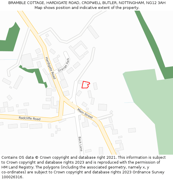 BRAMBLE COTTAGE, HARDIGATE ROAD, CROPWELL BUTLER, NOTTINGHAM, NG12 3AH: Location map and indicative extent of plot