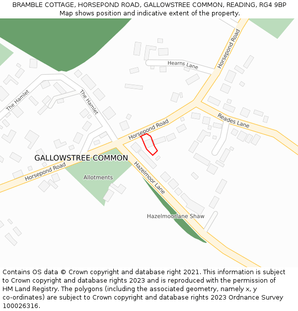 BRAMBLE COTTAGE, HORSEPOND ROAD, GALLOWSTREE COMMON, READING, RG4 9BP: Location map and indicative extent of plot