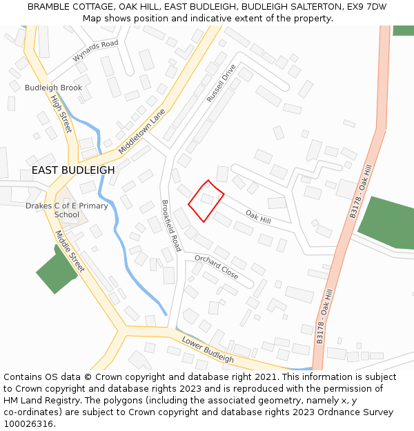 BRAMBLE COTTAGE, OAK HILL, EAST BUDLEIGH, BUDLEIGH SALTERTON, EX9 7DW: Location map and indicative extent of plot