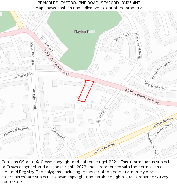 BRAMBLES, EASTBOURNE ROAD, SEAFORD, BN25 4NT: Location map and indicative extent of plot
