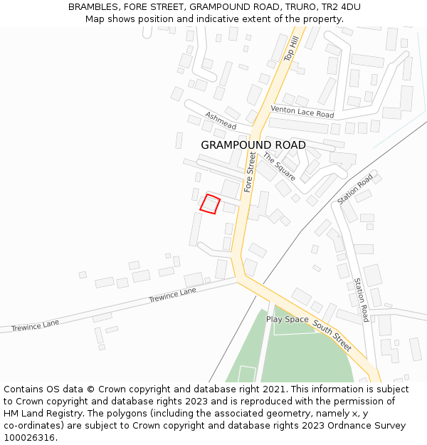 BRAMBLES, FORE STREET, GRAMPOUND ROAD, TRURO, TR2 4DU: Location map and indicative extent of plot