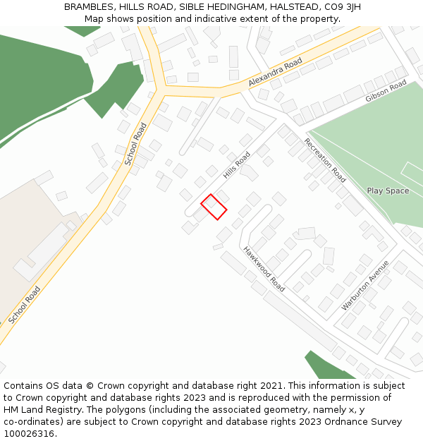 BRAMBLES, HILLS ROAD, SIBLE HEDINGHAM, HALSTEAD, CO9 3JH: Location map and indicative extent of plot