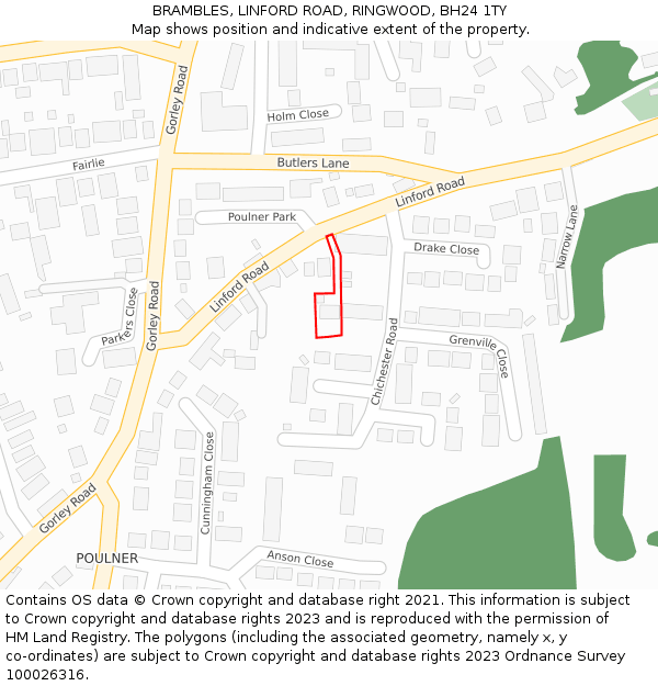BRAMBLES, LINFORD ROAD, RINGWOOD, BH24 1TY: Location map and indicative extent of plot
