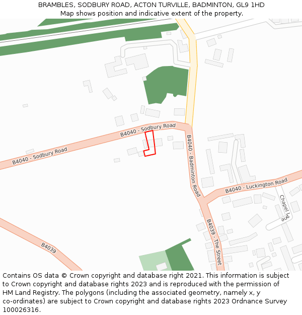 BRAMBLES, SODBURY ROAD, ACTON TURVILLE, BADMINTON, GL9 1HD: Location map and indicative extent of plot