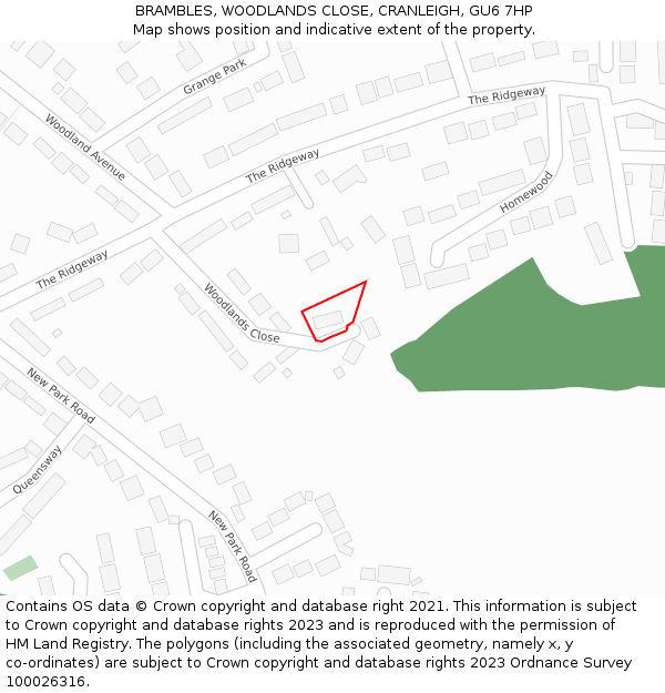 BRAMBLES, WOODLANDS CLOSE, CRANLEIGH, GU6 7HP: Location map and indicative extent of plot