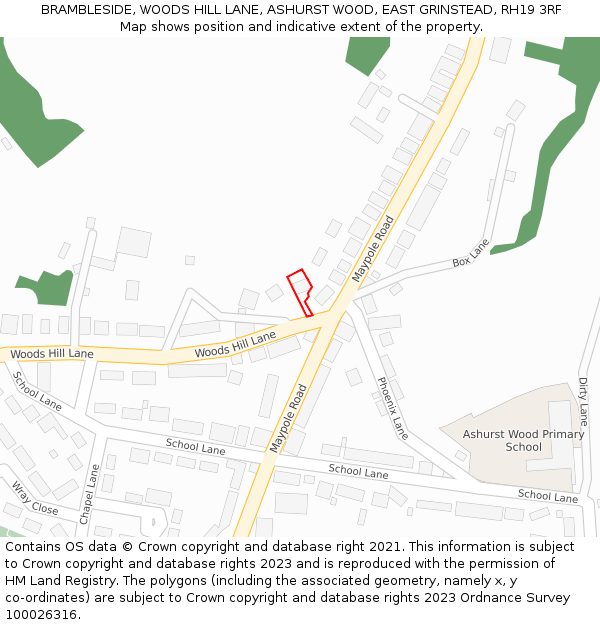 BRAMBLESIDE, WOODS HILL LANE, ASHURST WOOD, EAST GRINSTEAD, RH19 3RF: Location map and indicative extent of plot