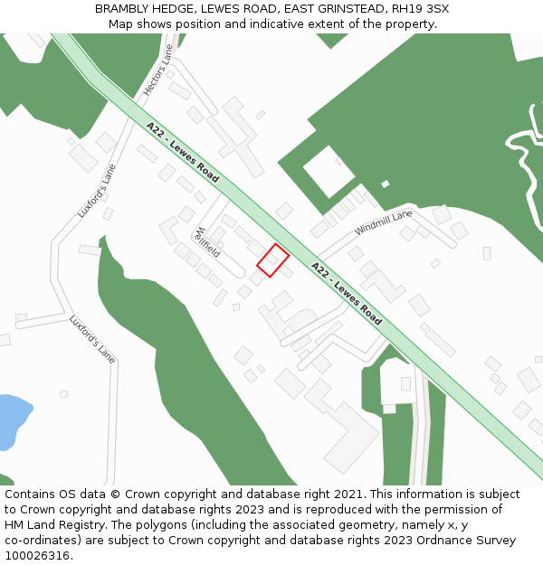 BRAMBLY HEDGE, LEWES ROAD, EAST GRINSTEAD, RH19 3SX: Location map and indicative extent of plot