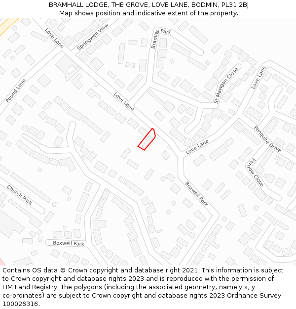 BRAMHALL LODGE, THE GROVE, LOVE LANE, BODMIN, PL31 2BJ: Location map and indicative extent of plot