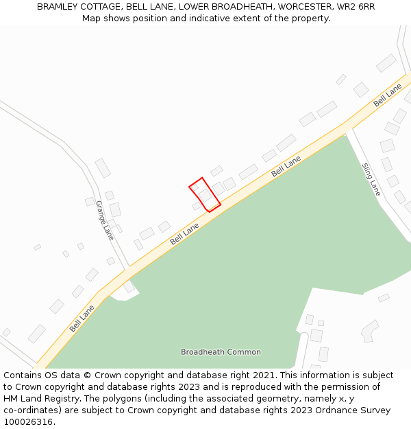 BRAMLEY COTTAGE, BELL LANE, LOWER BROADHEATH, WORCESTER, WR2 6RR: Location map and indicative extent of plot