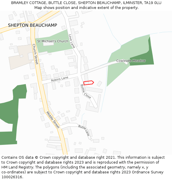 BRAMLEY COTTAGE, BUTTLE CLOSE, SHEPTON BEAUCHAMP, ILMINSTER, TA19 0LU: Location map and indicative extent of plot