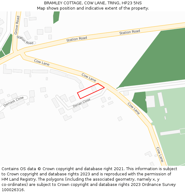 BRAMLEY COTTAGE, COW LANE, TRING, HP23 5NS: Location map and indicative extent of plot