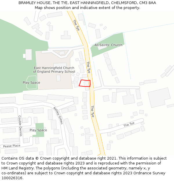 BRAMLEY HOUSE, THE TYE, EAST HANNINGFIELD, CHELMSFORD, CM3 8AA: Location map and indicative extent of plot