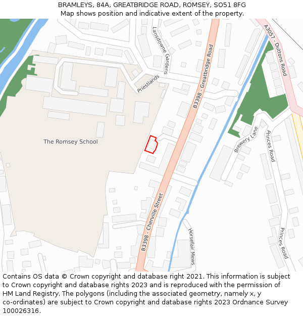 BRAMLEYS, 84A, GREATBRIDGE ROAD, ROMSEY, SO51 8FG: Location map and indicative extent of plot