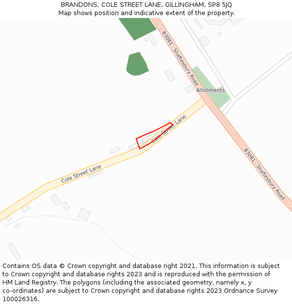 BRANDONS, COLE STREET LANE, GILLINGHAM, SP8 5JQ: Location map and indicative extent of plot