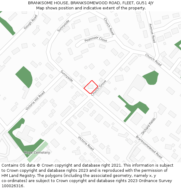 BRANKSOME HOUSE, BRANKSOMEWOOD ROAD, FLEET, GU51 4JY: Location map and indicative extent of plot