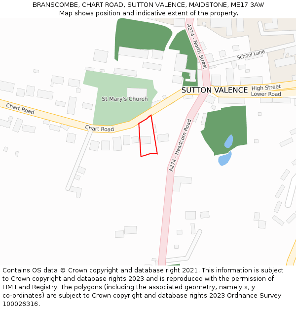 BRANSCOMBE, CHART ROAD, SUTTON VALENCE, MAIDSTONE, ME17 3AW: Location map and indicative extent of plot
