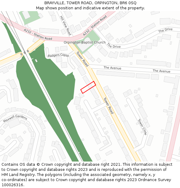 BRAYVILLE, TOWER ROAD, ORPINGTON, BR6 0SQ: Location map and indicative extent of plot