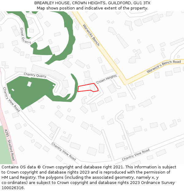 BREARLEY HOUSE, CROWN HEIGHTS, GUILDFORD, GU1 3TX: Location map and indicative extent of plot