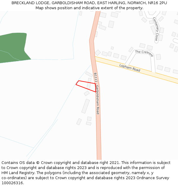 BRECKLAND LODGE, GARBOLDISHAM ROAD, EAST HARLING, NORWICH, NR16 2PU: Location map and indicative extent of plot