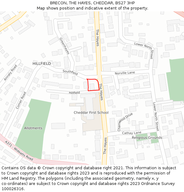 BRECON, THE HAYES, CHEDDAR, BS27 3HP: Location map and indicative extent of plot
