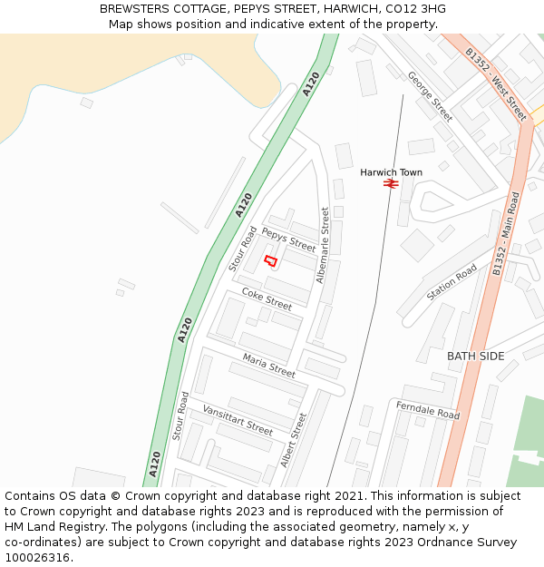 BREWSTERS COTTAGE, PEPYS STREET, HARWICH, CO12 3HG: Location map and indicative extent of plot