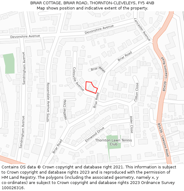 BRIAR COTTAGE, BRIAR ROAD, THORNTON-CLEVELEYS, FY5 4NB: Location map and indicative extent of plot