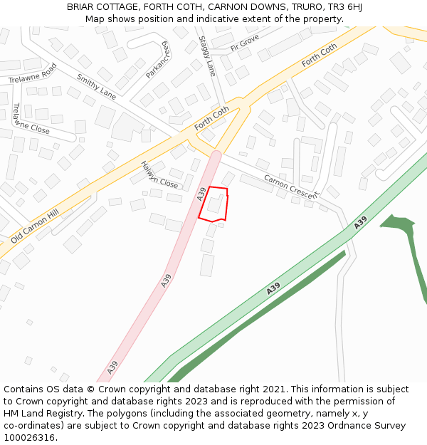 BRIAR COTTAGE, FORTH COTH, CARNON DOWNS, TRURO, TR3 6HJ: Location map and indicative extent of plot