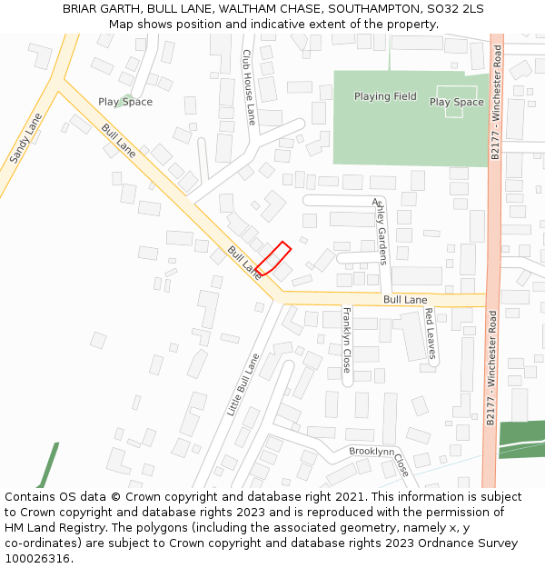 BRIAR GARTH, BULL LANE, WALTHAM CHASE, SOUTHAMPTON, SO32 2LS: Location map and indicative extent of plot