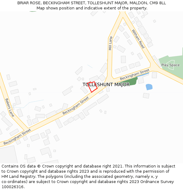 BRIAR ROSE, BECKINGHAM STREET, TOLLESHUNT MAJOR, MALDON, CM9 8LL: Location map and indicative extent of plot
