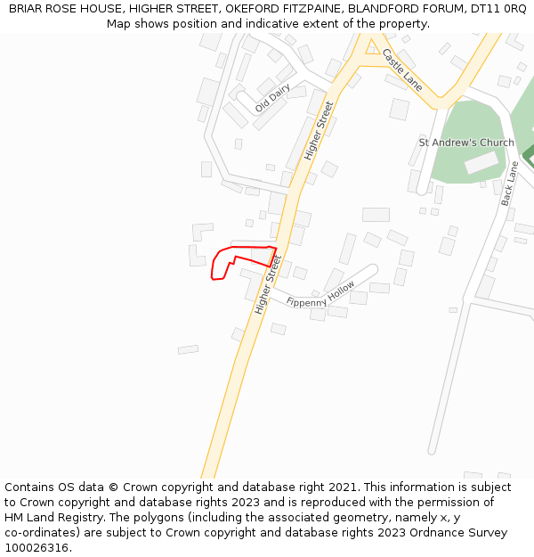 BRIAR ROSE HOUSE, HIGHER STREET, OKEFORD FITZPAINE, BLANDFORD FORUM, DT11 0RQ: Location map and indicative extent of plot