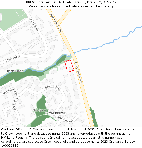 BRIDGE COTTAGE, CHART LANE SOUTH, DORKING, RH5 4DN: Location map and indicative extent of plot