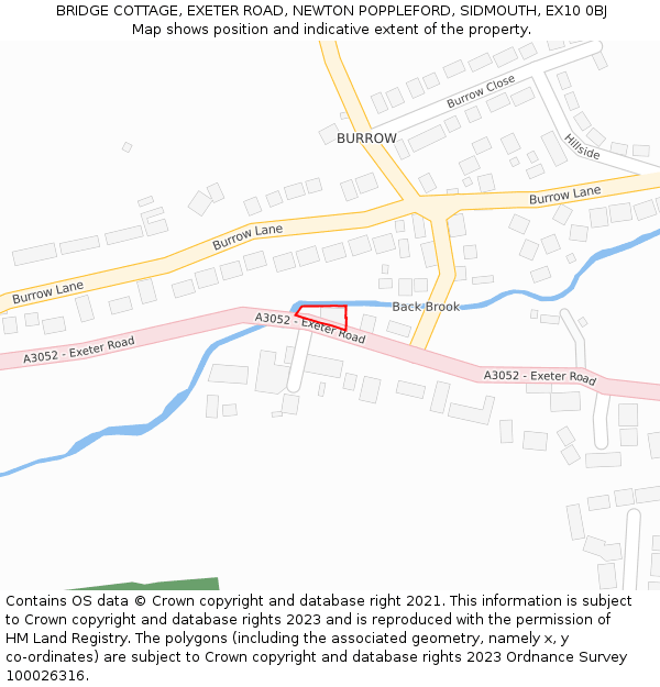 BRIDGE COTTAGE, EXETER ROAD, NEWTON POPPLEFORD, SIDMOUTH, EX10 0BJ: Location map and indicative extent of plot