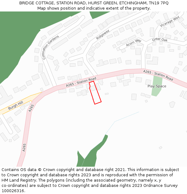 BRIDGE COTTAGE, STATION ROAD, HURST GREEN, ETCHINGHAM, TN19 7PQ: Location map and indicative extent of plot