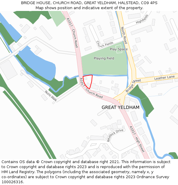 BRIDGE HOUSE, CHURCH ROAD, GREAT YELDHAM, HALSTEAD, CO9 4PS: Location map and indicative extent of plot