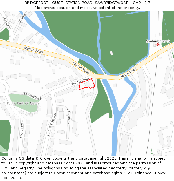 BRIDGEFOOT HOUSE, STATION ROAD, SAWBRIDGEWORTH, CM21 9JZ: Location map and indicative extent of plot