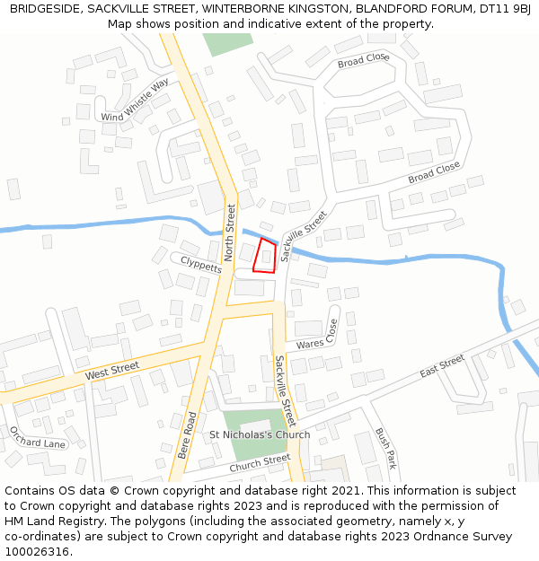 BRIDGESIDE, SACKVILLE STREET, WINTERBORNE KINGSTON, BLANDFORD FORUM, DT11 9BJ: Location map and indicative extent of plot