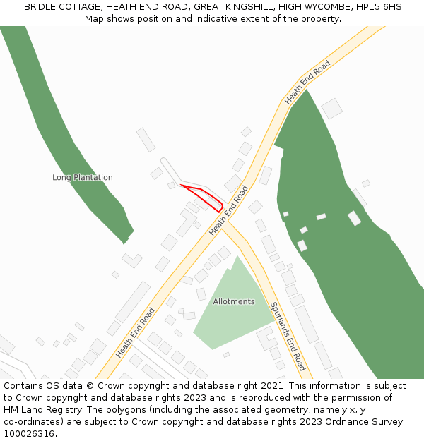 BRIDLE COTTAGE, HEATH END ROAD, GREAT KINGSHILL, HIGH WYCOMBE, HP15 6HS: Location map and indicative extent of plot