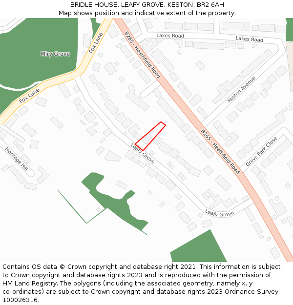 BRIDLE HOUSE, LEAFY GROVE, KESTON, BR2 6AH: Location map and indicative extent of plot